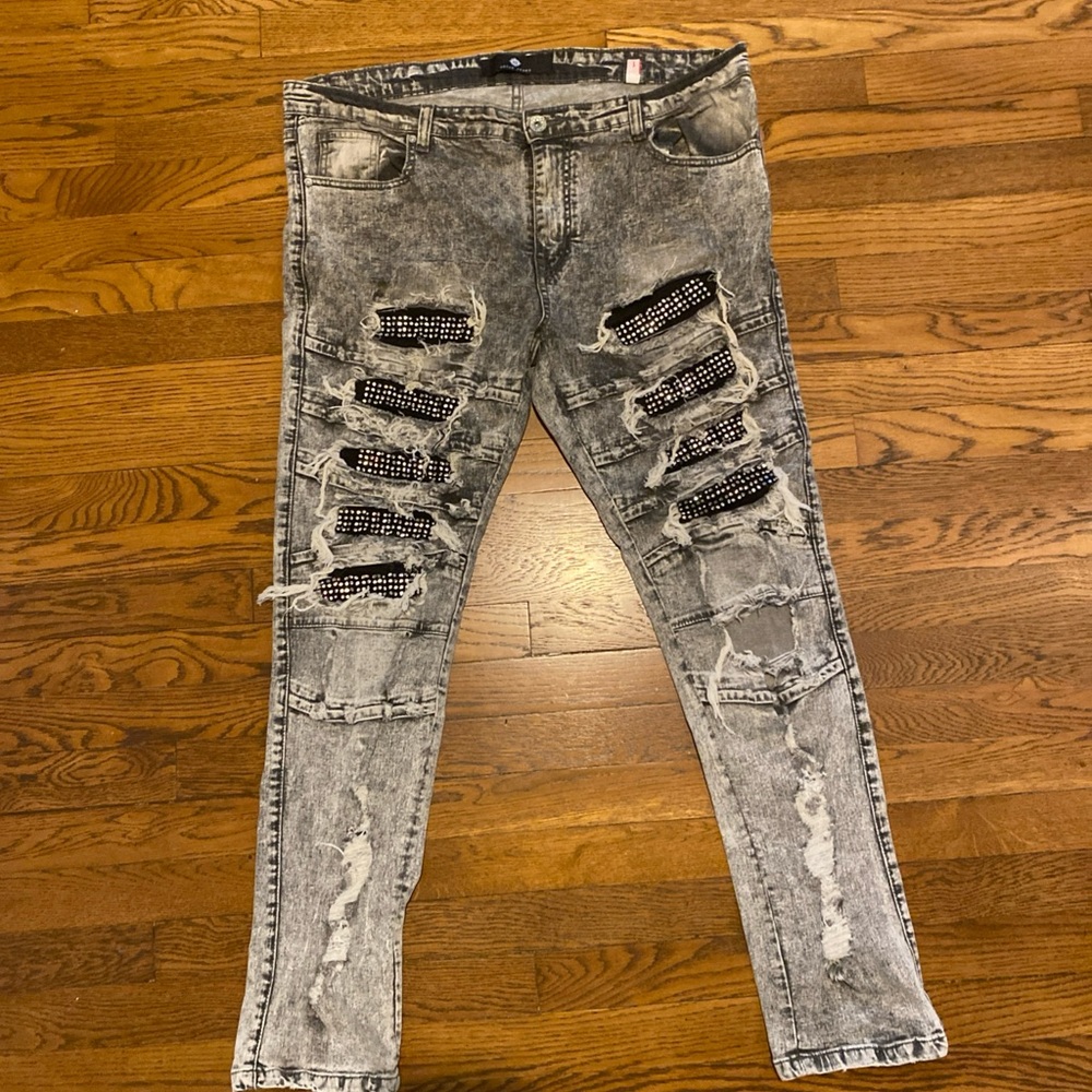 Focus Jeans Men’s 38X32 Blue Denim Rhinestone Frayed Holey Rise